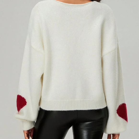 Red Casual Women's Cardigan Heart Pattern Tie-Up Front Long Sleeve Knit Sweater - Picture 3 of 5